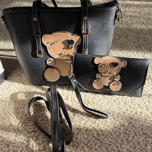 Black Faux Leather Tote and Wallet Set with Bear Appliqué Vegan Leather